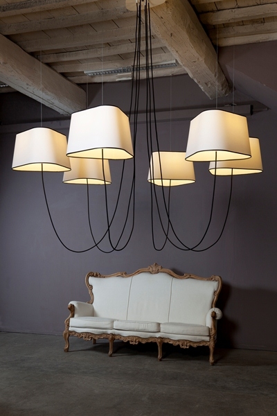Chandelier 6 Grand Nuage White Fabric Black Border French Production