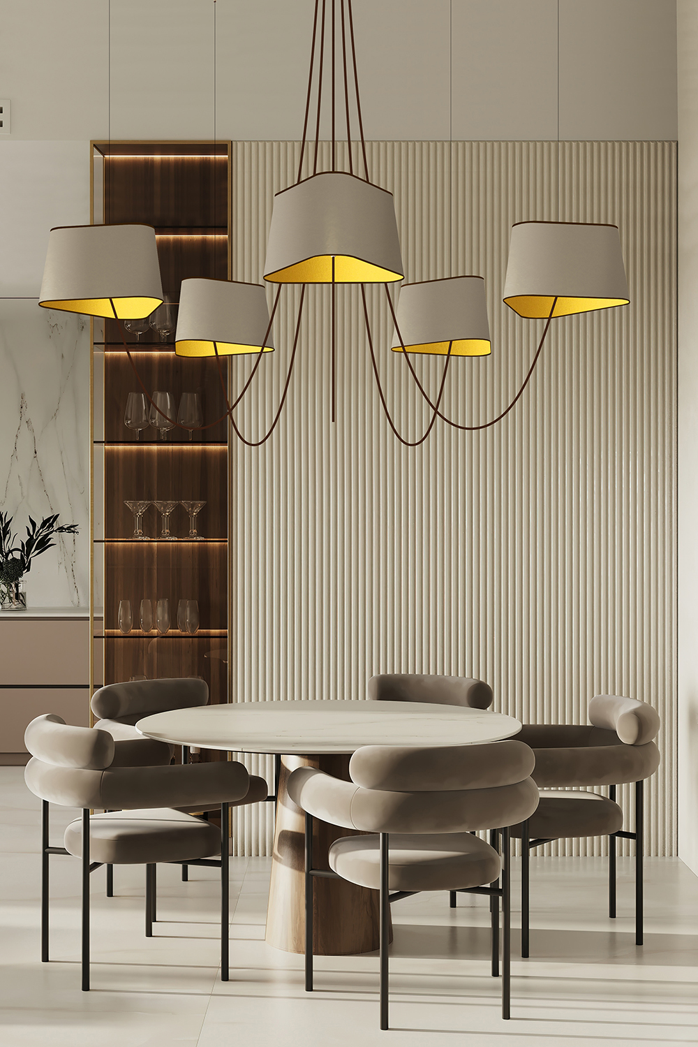 Lustre aérien 5 Grand abat-jour mastic laqué et tissu jaune Nuage -30%