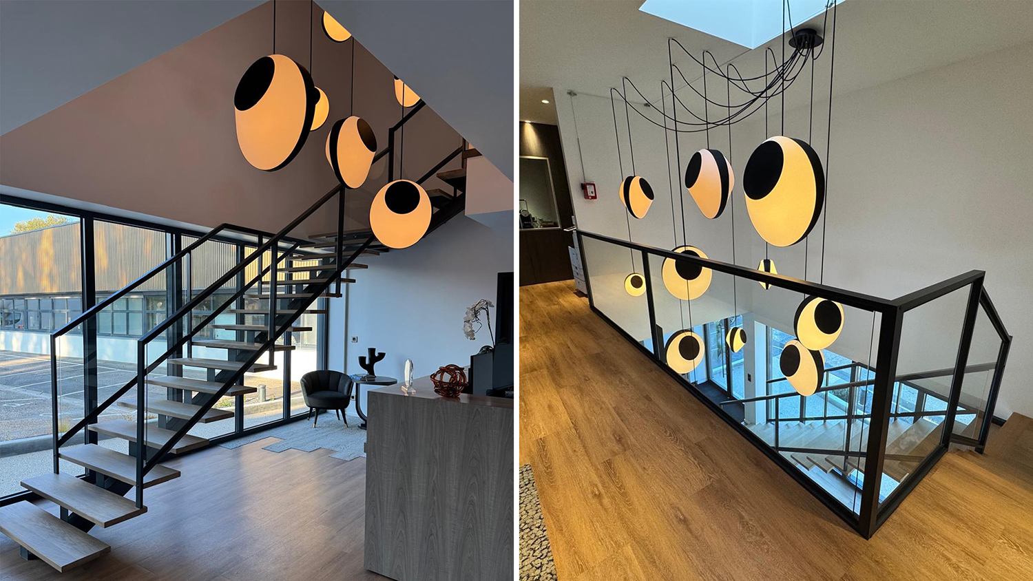 Composition lumineuse pour un escalier quart tournant sur deux niveaux - Lustre Reef d&eacute;structur&eacute; par DESIGNHEURE